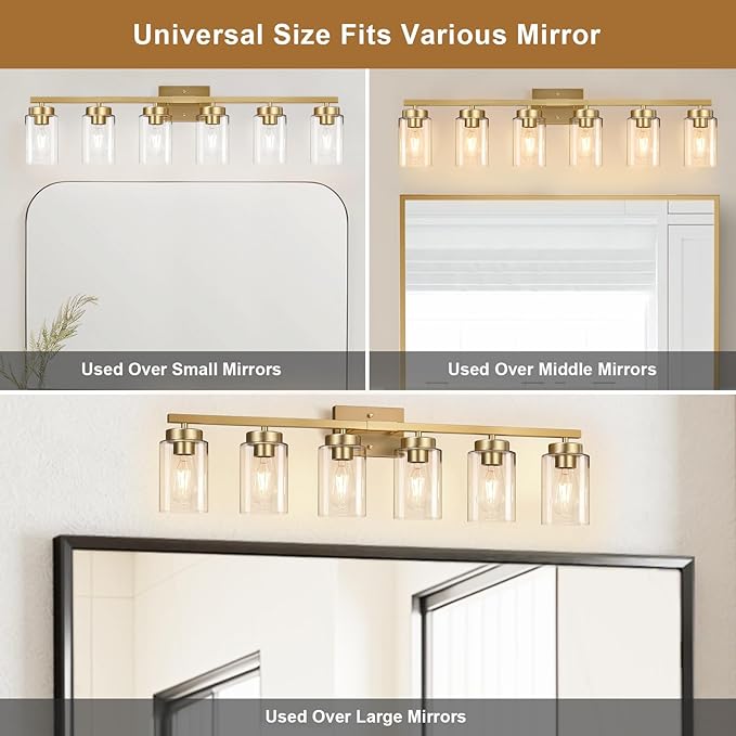 IZORRO Modern Bathroom Light Fixtures, 6 Light Gold Vanity Lights, Bathroom Lightig Fixtures Over Mirror with Clear Glass for Living Room Cabinet