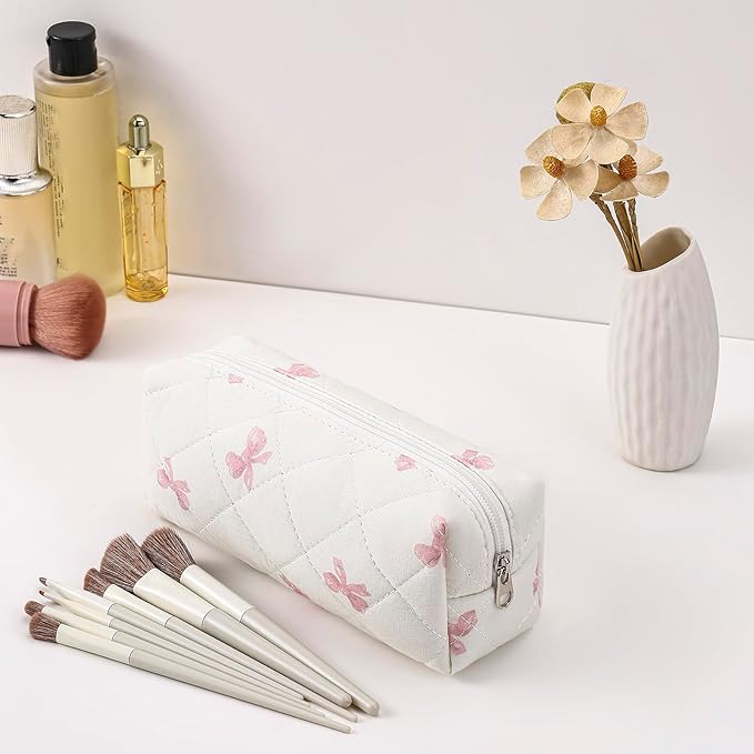 HHQQWZ Cute Floral Cotton Makeup Brush Cosmetic Bag for Women, Travel Quilted Zipper Make Up Bag, Flowers Toiletry Organizer Case Kawaii Makeup Cosmetic Travel Cloth Pouch (Pink Bow Tie)
