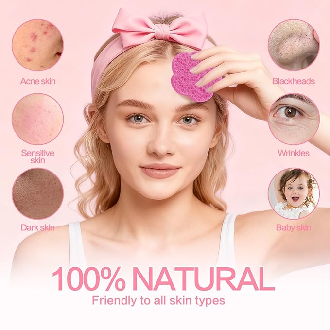 100-Count Facial Sponges Compressed Facial Sponges Natural Facial Cleansing Sponges Pads Cute Flower Shape Exfoliating Sponges for Cleansing Reusable,Best Makeup Gift, Pink