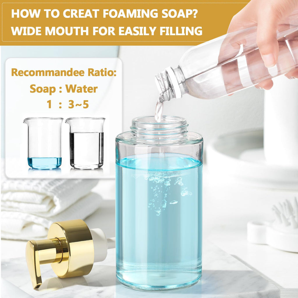 RYTOXILO Foaming Soap Dispenser, 10 oz/300ml Gold Soap Dispenser, 2 Pack Glass Foaming Hand Dispenser for Bathroom & Kitchen, Clear Refillable Foam Bottle with Waterproof Labels