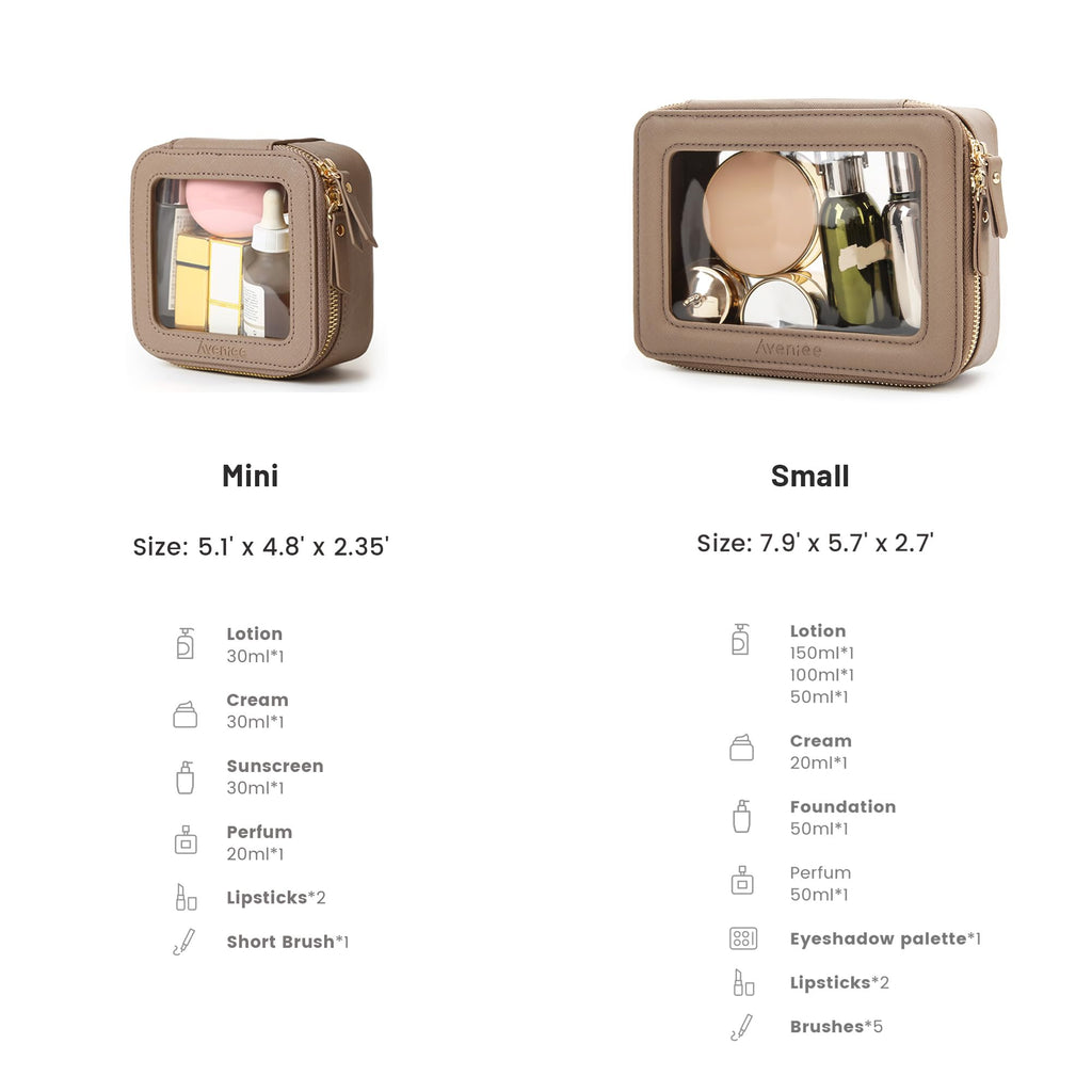 Aveniee Clear Makeup Bag Set (2-Piece Mini & Midi) - Travel Toiletry Organizer for Women, Waterproof Cosmetic Pouch & Car Accessory for Travel Size Toiletries, Taupe