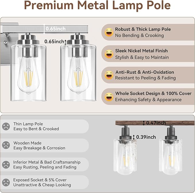 VerRon 4-Light Bathroom Light Fixtures, 27" Brushed Nickel Modern Vanity Lights Over Mirror with Clear Glass Shades, Classic Wall Light Fixture for Mirror Living Room Cabinet Bedroom Porch