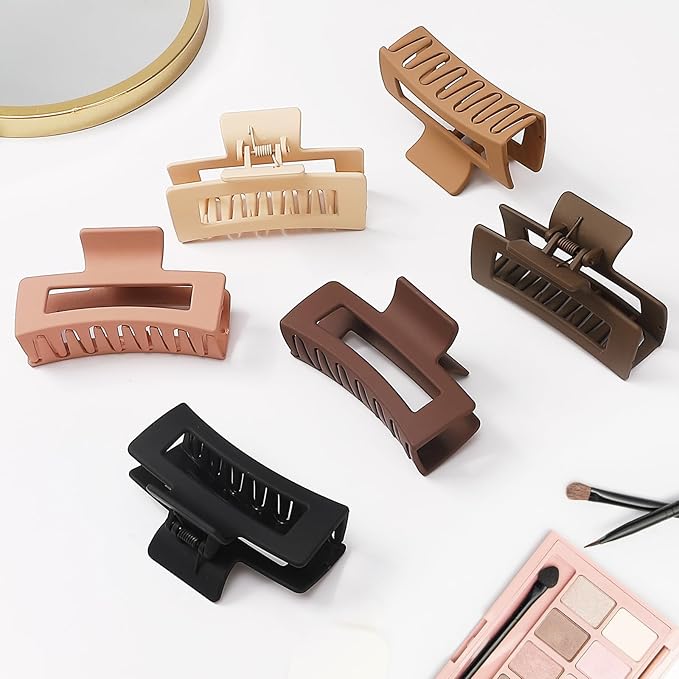 Sisiaipu Hair Clip, 3.5 Inch Medium Square Claw Clips Rectangle Clips 6 Pack Rubber Paint Acrylic Plastic Metal, Non-Slip Design for Women Girls - Coffee