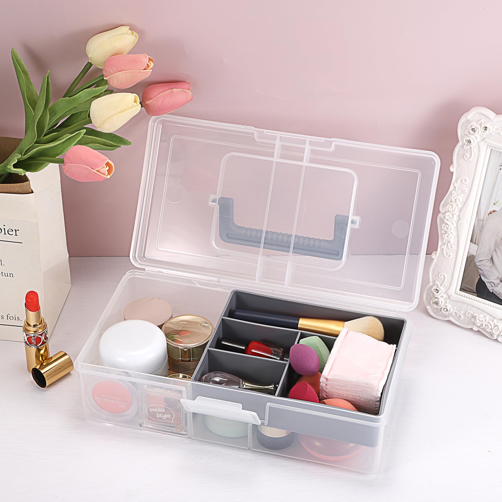 JUXYES Clear Art Craft Supply Storage Bin Sewing Box With Handle Lid
