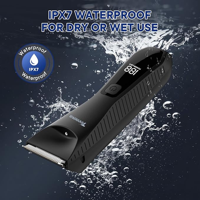 TEENOVA Pubic & Body Hair Trimmer for Men, 2 In 1 Electric Ball Groin Razor Shaver with Ceramic Blade, No Nick Mens Grooming Kit for Wet/Dry Use, Cordless Charging Body Groomer with Led Display, Black