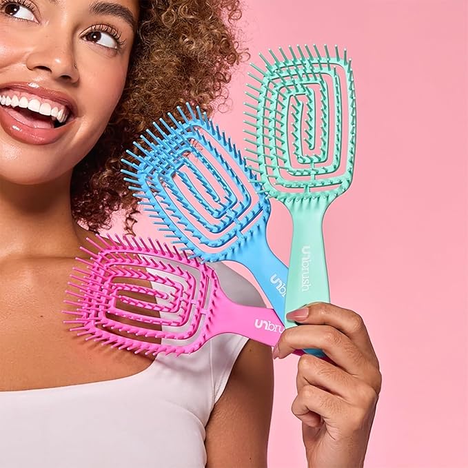 FHI Heat UNbrush Flex Detangling Brush — Ultra-Flexible, Pain-Free Hair Brush Detangler with DuoFlex Anti-Static Bristles for Removing Tangles, Massaging Scalp & Faster Styling - Pink