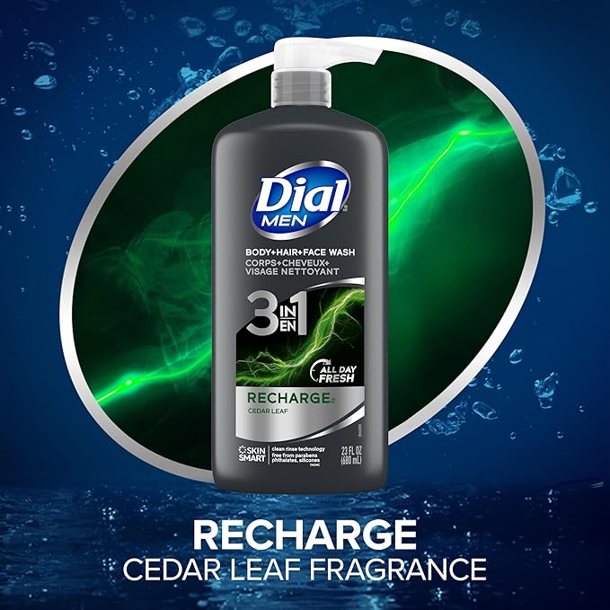 Dial Men 3in1 Body,Hair and Face Wash,Recharge, (23 fl oz Bottles),(Pack of 6)