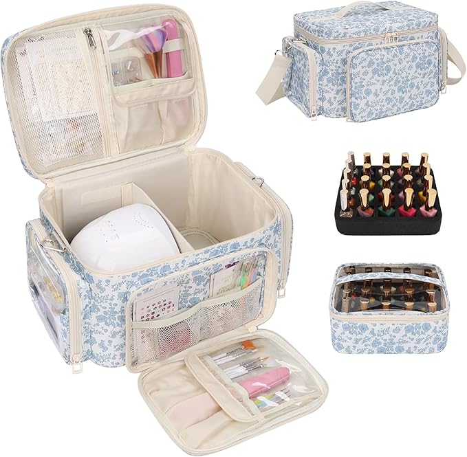 Bagmoly Nail Polish Organizer, Nail Polish Storage Holds 42+ Bottles & Nail Lamp, Portable Travel Nail Kit Storage Carrying Case Fits Nail Suppiles, Gift for Manicurist, Grils - Blue Flower