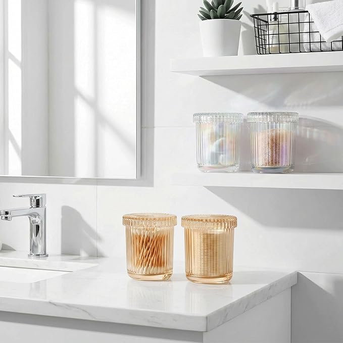 2 Pack Qtip Holder - Apothecary Jars with Lids, Bathroom Organizers and Storage Canister for Cotton Balls,Swabs,Floss Picks,Hair Ties,Clear Glass Vintage Bathroom Decor Jar Set (Iridescent)