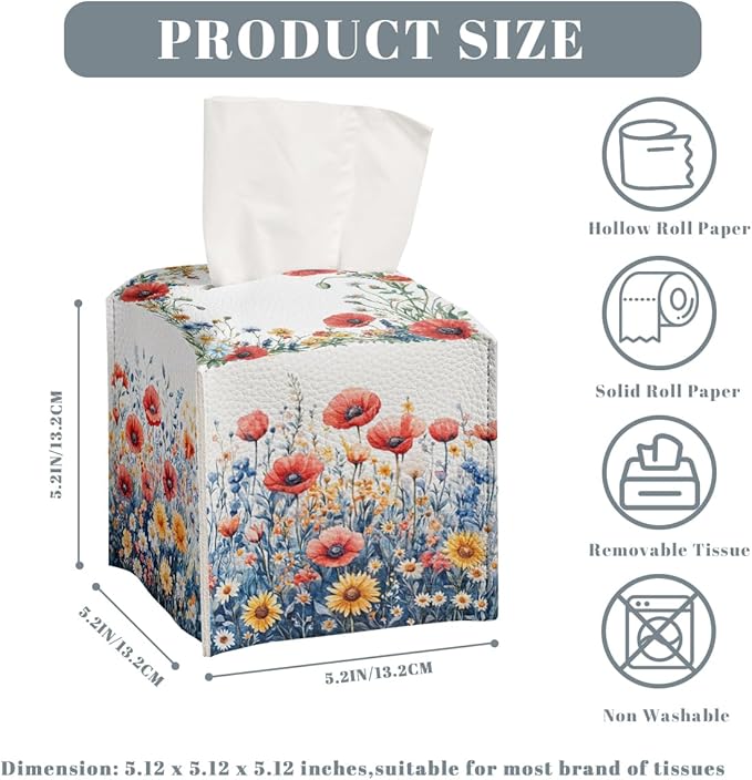 Flower Tissue Box Cover Red Poppy Daisy Wild Garden Watercolor Leather Tissue Box Holder Square Facial Paper Organizer Dispenser for Bathroom Kitchen Bedroom Vanity Countertop Night Stands