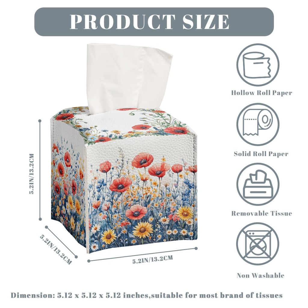 Flower Tissue Box Cover Red Poppy Daisy Wild Garden Watercolor Leather Tissue Box Holder Square Facial Paper Organizer Dispenser for Bathroom Kitchen Bedroom Vanity Countertop Night Stands