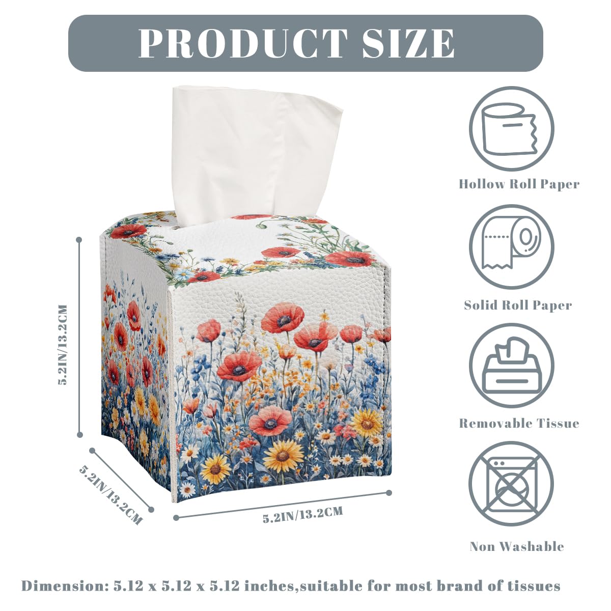 Flower Tissue Box Cover Red Poppy Daisy Wild Garden Watercolor Leather Tissue Box Holder Square Facial Paper Organizer Dispenser for Bathroom Kitchen Bedroom Vanity Countertop Night Stands