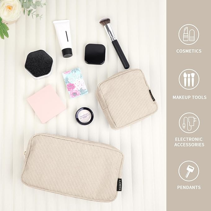 MAGEFY Makeup Bag for Purse, 2 Pcs Corduroy Cosmetic Bag for Girls Women Small Travel Makeup Pouch with Zipper(Beige)
