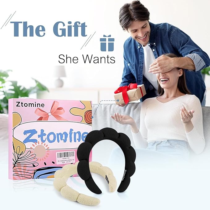 Ztomine Skincare Headband, Set of 2 - Terry Cloth Face Wash Headband Combo Pack - Puffy Makeup Headbands for Face Washing, Mask (beige + black)