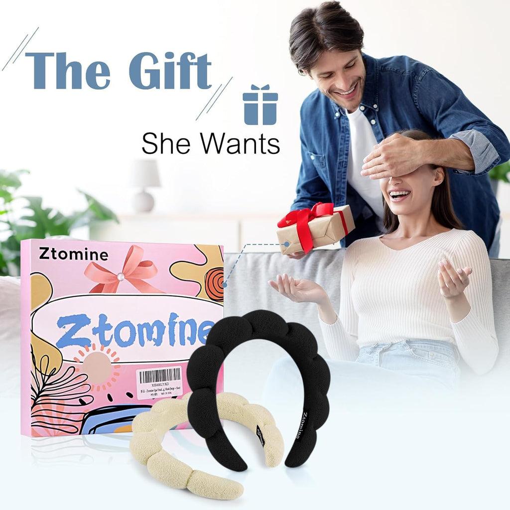 Ztomine Skincare Headband, Set of 2 - Terry Cloth Face Wash Headband Combo Pack - Puffy Makeup Headbands for Face Washing, Mask (beige + black)
