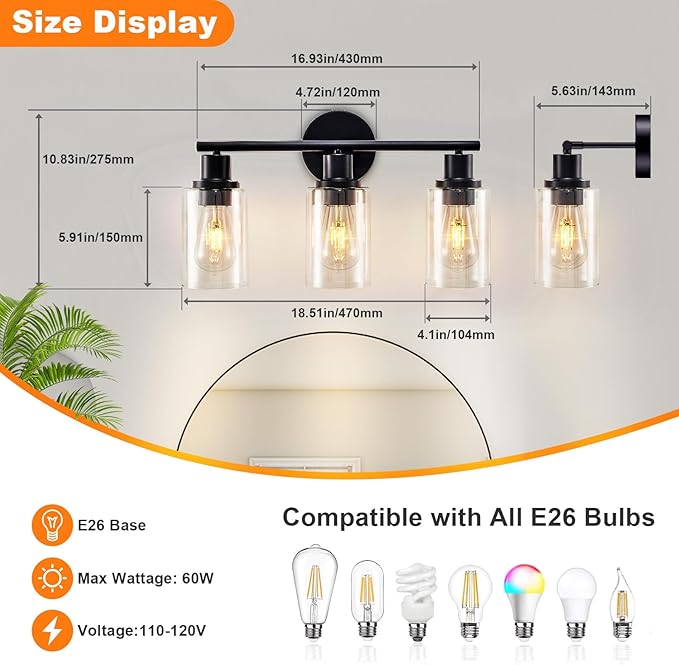 DLLT 3-Light Bathroom Light Fixtures: 18.51" Black Modern Vanity Lights with Clear Glass Shade - Bathroom Wall Lamp for Mirror Kitchen Living Room Hallway Cabinet Porch