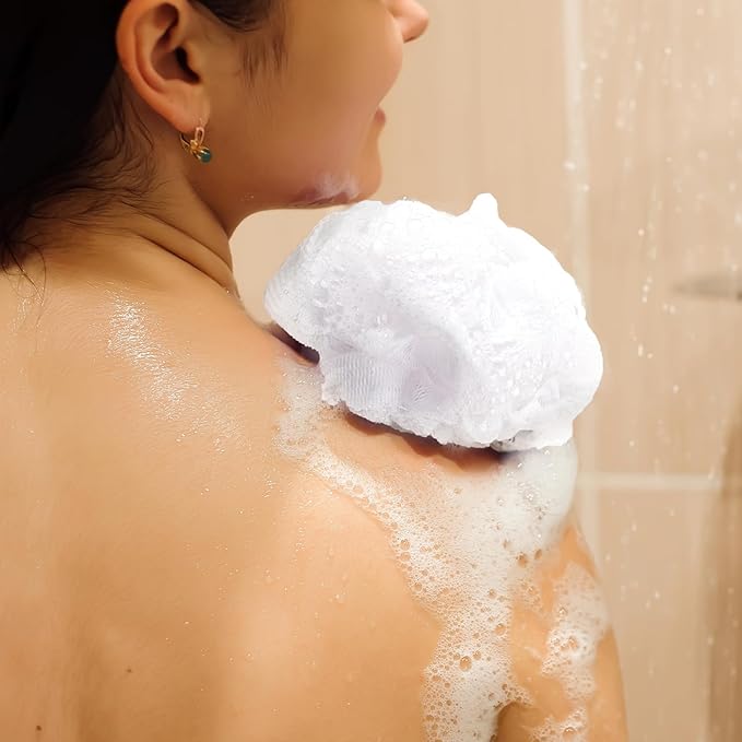 Funnymoom 12 Pcs Travel Size Loofah Individually Wrapped, Small Shower Puff Bath Sponge Pouf Ball Bulk Mesh Bath Puff Mini Loofah Sponge with Case Bulk for Shower Care (50g,White)