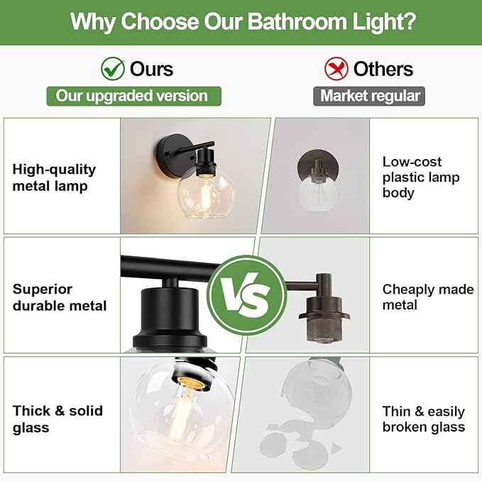 Set of 2 Black Modern Bathroom Wall Sconces, Clear Glass Vanity Lights with E26 Socket, Up & Down Reversible Bathroom Light Fixtures for Mirror, Bedroom, Hallway, Living Room