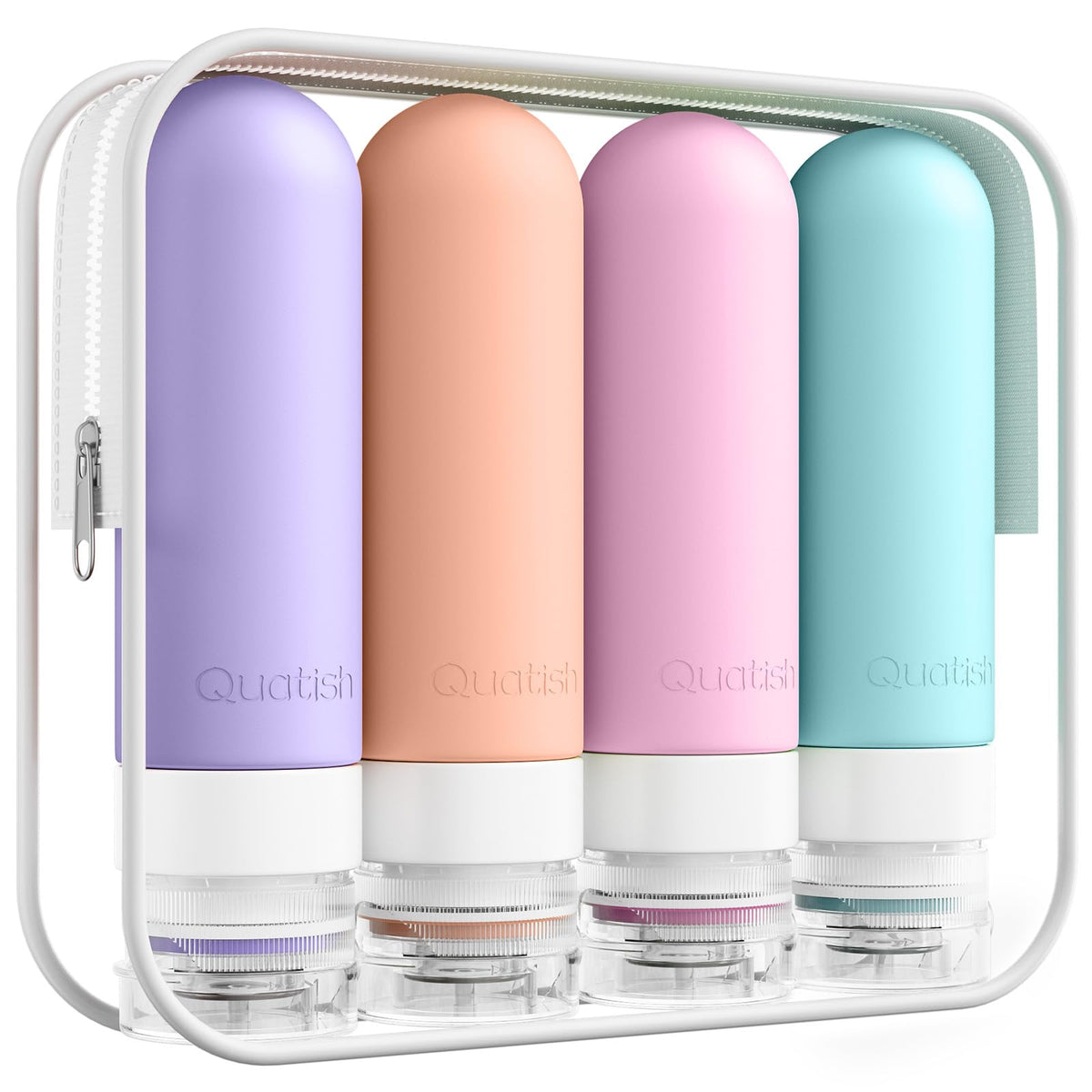 Quatish Travel Bottles for Toiletries, Original Patented Leak Proof Travel Size Containers, 3 oz Tsa Approved Silicone Shampoo and Conditioner Bottles, 4 Pack, Brown