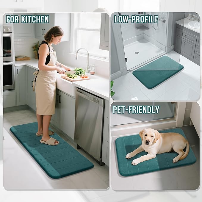 Yimobra U-Shaped Toilet Bath Mat Set 2 Piece - Super Soft Absorbent Quick Dry Memory Foam Bathroom Rugs, Machine Washable Non Slip Floor Carpet for Tub Shower & Single Sink (17x24 & 24x20, Teal)