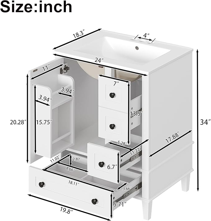 Bellemave 24" Bathroom Vanity with Sink Combo Set, Solid Wood Frame Bathroom Storage Cabinet with 3 Drawers, Soft Closing Cabinet Door with Organizer, White