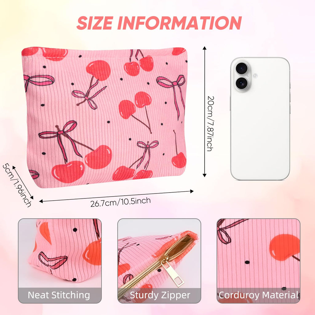 Ksriylm Cute Cherry Makeup Pouch for Women Small Make Up Bag for Purse Zipper Initial Makeup Cosmetic Bags Pouches for Purse Aesthetic Travel Toiletry Bags, Red Cherries Bows