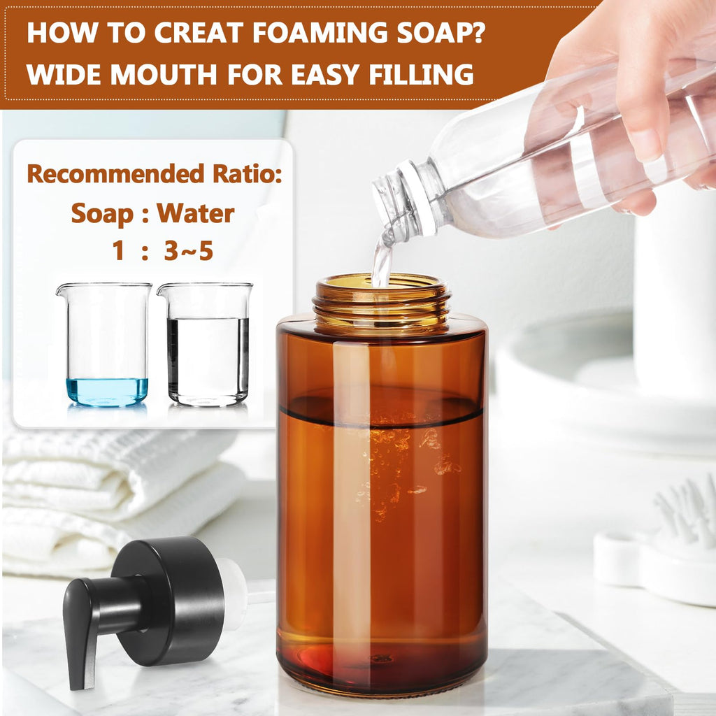 RYTOXILO Amber Foam Soap Dispenser, 10 oz/300ml Glass Foaming Soap Dispenser, 2 Pcs Foaming Hand Dispenser for Bathroom & Kitchen, Refillable Bottle with Waterproof Labels