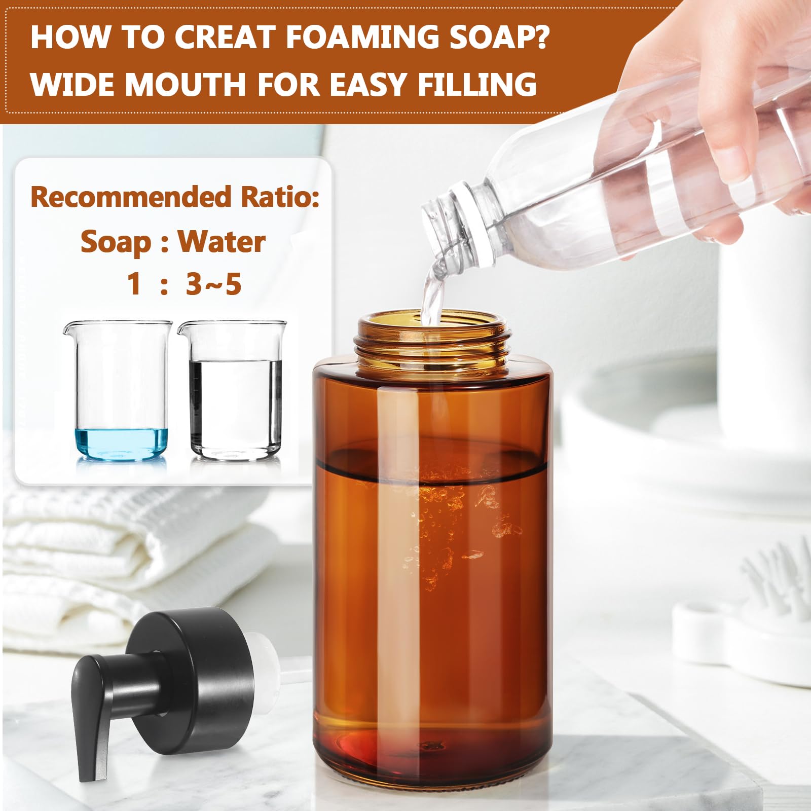RYTOXILO Amber Foam Soap Dispenser, 10 oz/300ml Glass Foaming Soap Dispenser, 2 Pcs Foaming Hand Dispenser for Bathroom & Kitchen, Refillable Bottle with Waterproof Labels