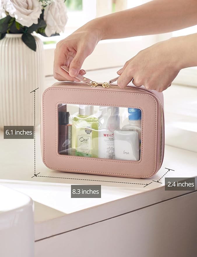 Popvibe Clear Makeup Case Pink Toiletry Bag Travel Medium Clear Cosmetic Bag with Zipper, Small Make Up Bag Organizer Traveling TSA Approved Transparent Bag Car for Essentials