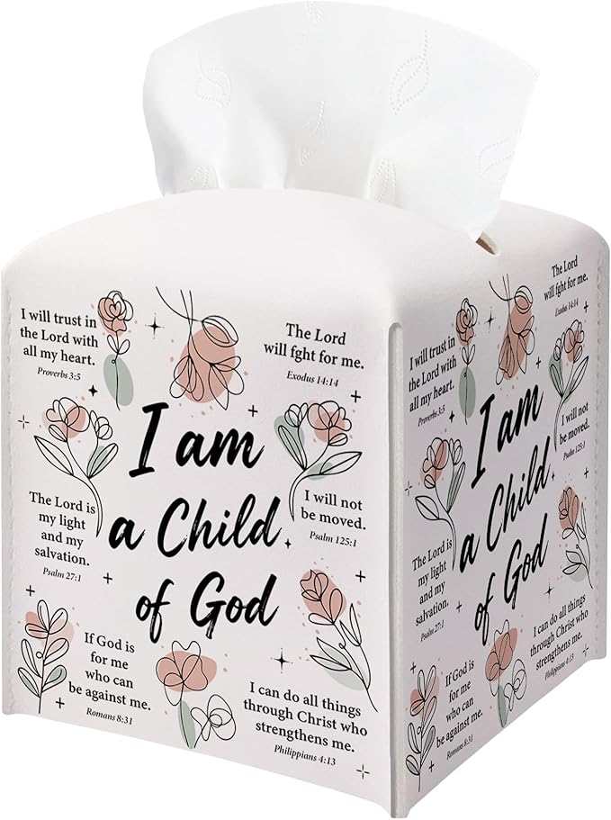 Inspirational Christian Tissue Box Cover Square, Religious Bible Verse Leather Tissue Box Holder, Religious Gifts for Women, Paper Facial Tissue Box Covers Cube for Office Bathroom Home