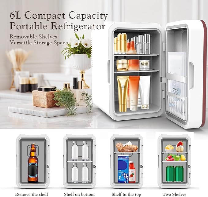 YLFU Mini Fridge for Bedroom, 6L Skincare Fridge with LED Mirror for Dorm & Office, Portable Cooler & Warmer Small Compact Refrigerator for Skincare, Makeup and Cosmetics