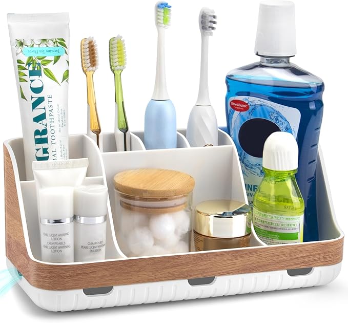 GFWARE Bathroom Toothbrush Holder Set with 2 Pack Qtip Holder Dispenser - 7 Slots Kids Bathroom Accessory Sets with Drainage, Q Tip Holder for Bathroom Sink Counter Accessories Set