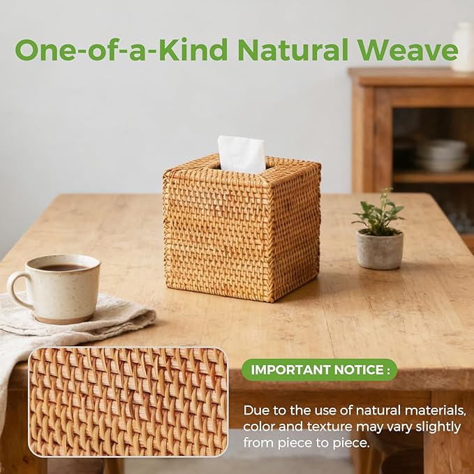 Natural Rattan Tissue Box Cover, Hand Woven Square Wicker Holder for Facial Tissues, Wicker Napkin Holder Ideal for Bathroom Living Room, Tissue Holders Decorative for Kitchen Office and Desk