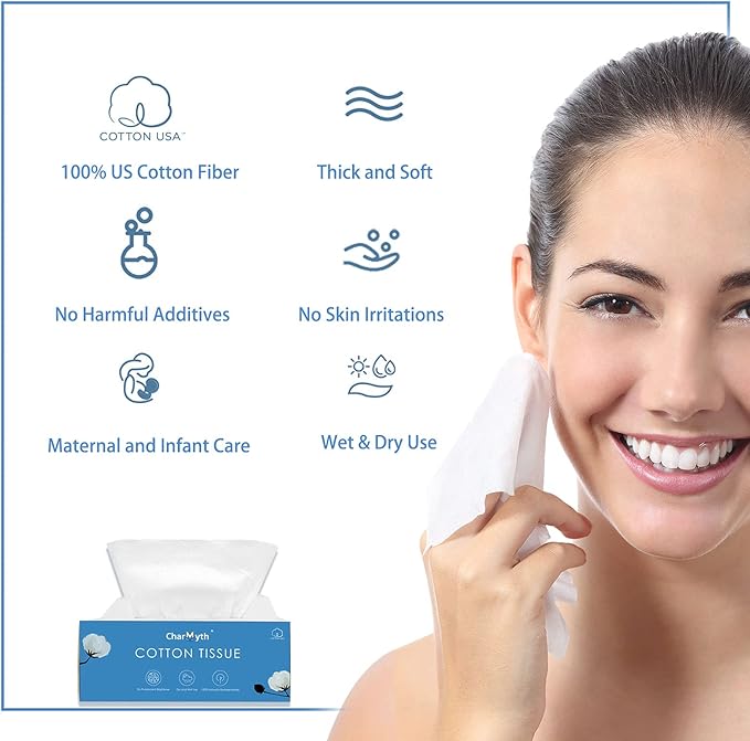 Charmyth Extra Thick Disposable Face Towel, Disposable Makeup Removing Wipes, 100% USA Cotton and 100% Organic & Cruelty Free, Lint-Free Cotton Tissues for Sensitive Skin