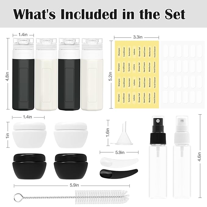 Redfly 17 Pack Travel Bottles for Toiletries, Tsa Approved 3oz Travel Size Containers, Leak Proof Travel Size Toiletries Bottles Silicone, BPA Free Refillable Shampoo Conditioners Kits, Black&White