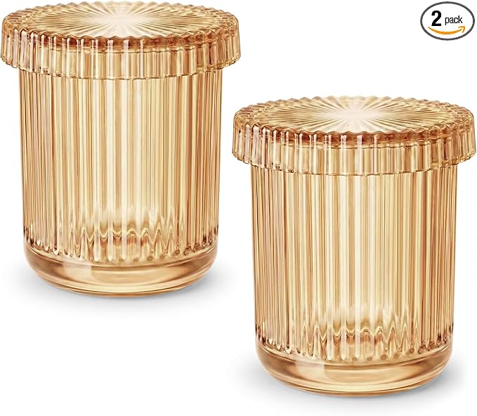 Bathroom Organizers and Storage,2 Pack Glass Qtip Holder Dispenser,Bathroom Essentials Accessories Decor,Vanity Makeup Storage Organizer for Cotton Swabs,Cotton Balls,Pads,Floss Picks (Amber)