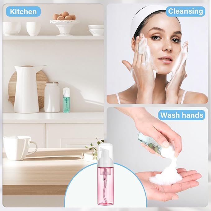 ShanySheny 2oz Travel Foam Pump Bottle, 3PCS Travel Size Empty Foaming Dispenser for Hand Soap, Shampoo, Lash Cleanser (60ml) - Pink, Green, and Transparent