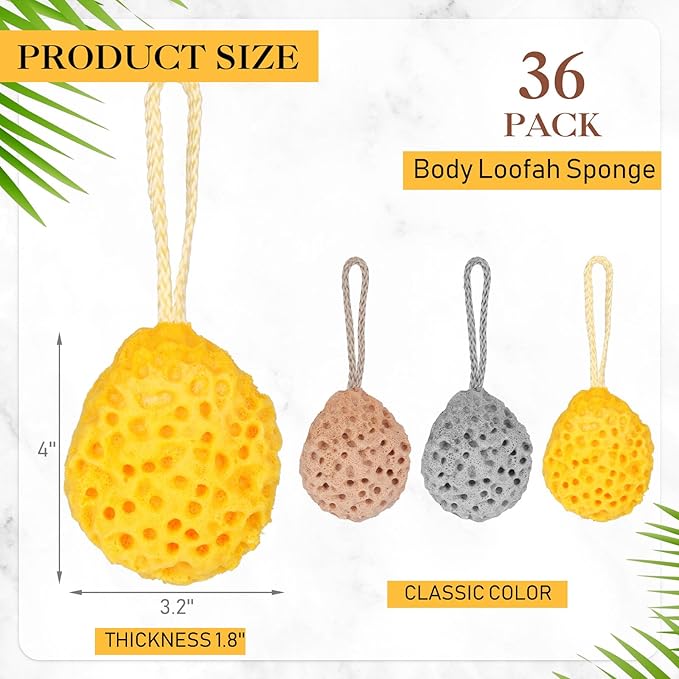 FoldTier 36 Pcs Bath Sponge Deep Cleansing Body Loofah Gentle and Deep Exfoliating Body Scrubber Bath Accessories Men Women Baby Sponge for Bathing Shower (Classic Color)