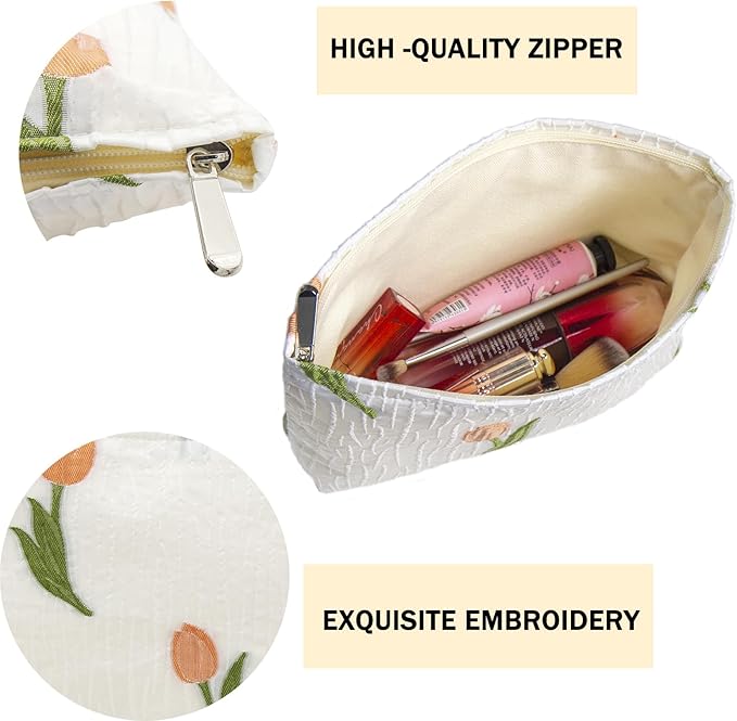 getgto 2 Pcs Makeup Bags, Large Cosmetic Bag Travel Toiletry Bag Organizer for Women, Embroidery Craft, Floral Makeup Bag Small Cosmetic Pouch Purse with Zipper Gifts for Girls Teen
