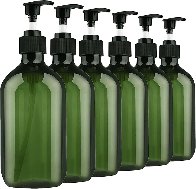 Empty Plastic Bottles with Pump Dispenser, 500ml/16.9oz (Green, 6 Pack)