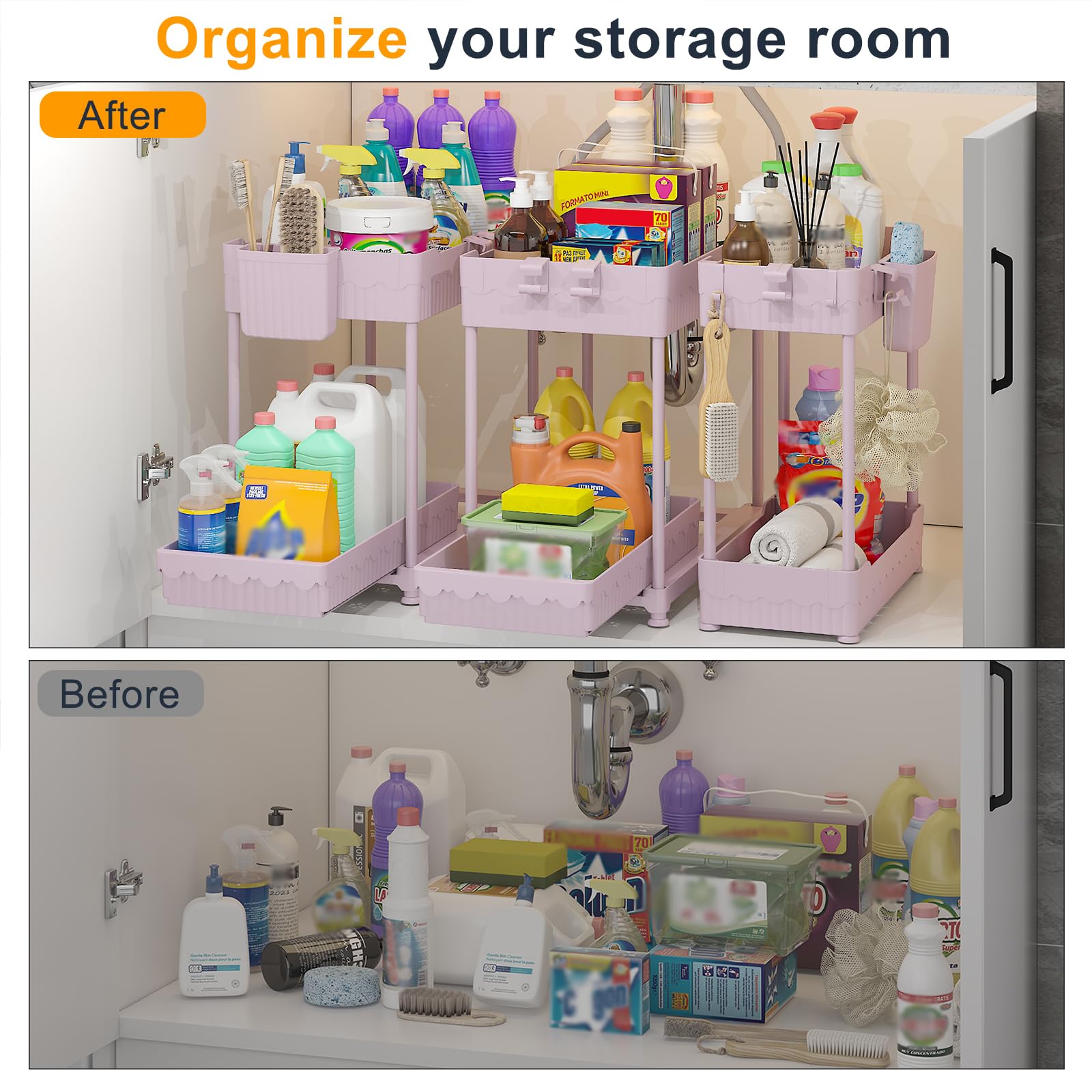 Sevenblue 3 Pack Under Sink Organizers, 2-Tier Multi-Use Kitchen and Bathroom Organizers and Storage with Sliding Drawers, Bathroom Cabinet Organizer (Pink, 14.8 Inch)