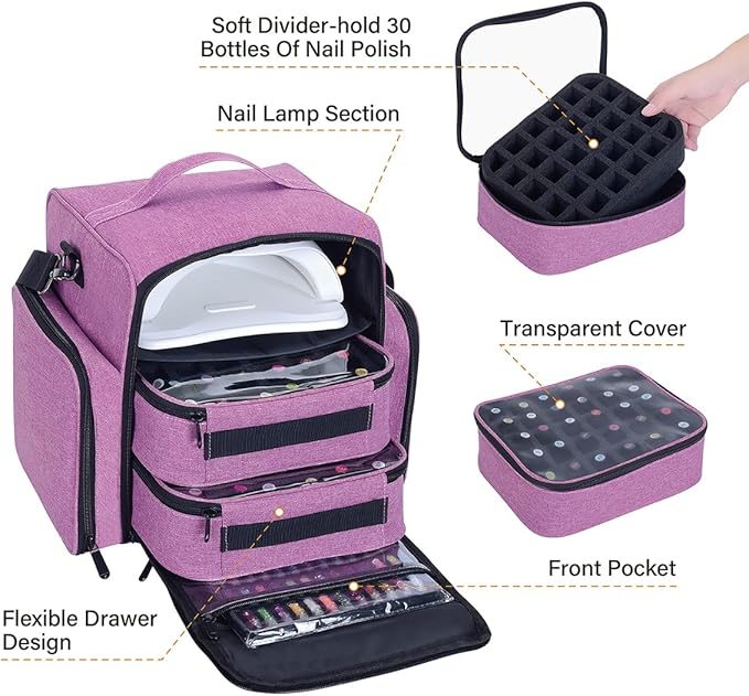 UOZL Nail Polish Organizer Case Hold 60 Bottle with 2 Detachable Bag,Purple