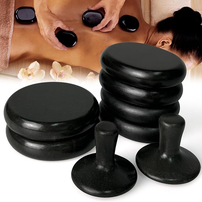 HDYAR Hot Stones for Massage-6 Large Essential Basalt Massage Stones Set (3.15in) with 2 Mushroom Shape Gua Sha Facial Tools, Massage Tools for Professional or Home SPA, Relaxing, Pain Relief