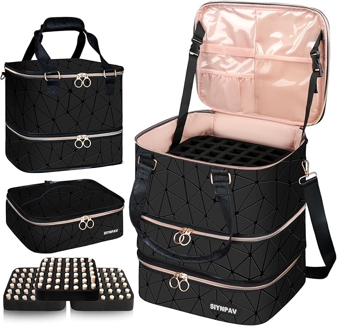 SIYNPAV Nail Polish Organizer Bag Holds 126 Bottles (15ml/0.5fl.oz)& Nail Lamp, 3 Layers Detachable Nail Kit Storage Case PU Leather, Large Travel Nail Supplies Shoulder Bag for Manicure Tools (Black)