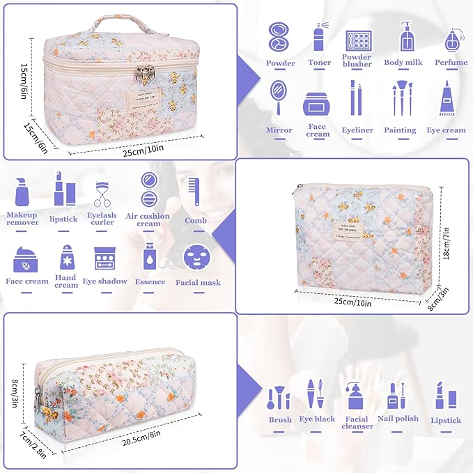 Gosect Makeup Bag Set, Quilted Makeup Bags, Large Floral Cosmetic Bag for Women, Cute Cotton Makeup Bags, Flower Travel Toiletry Organizer Bag (Folk Style)