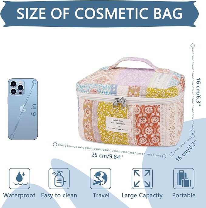 Gosect Floral Quilted Makeup Bag, Large Capacity Travel Cosmetic Organizer Bag with Handle, Portable Toiletry Bag for Women 6.3'' x 6.3'' x 9.84''(Multicolor)
