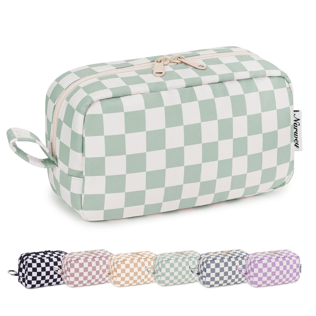 Narwey Checkered Makeup Bag, Travel Cosmetic Bag Organizer, Toiletry Bag Make Up Bags with Comparments for Women and Girls, Gift for Teen Girls (Mint Green Checkerboard, Large)