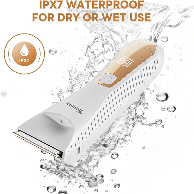 TEENOVA Pubic & Body Hair Trimmer for Men, 2 In 1 Electric Ball Groin Razor Shaver with Ceramic Blade, No Nick Mens Grooming Kits for Wet/Dry Use, Cordless Charging Body Groomer with Led Display,White
