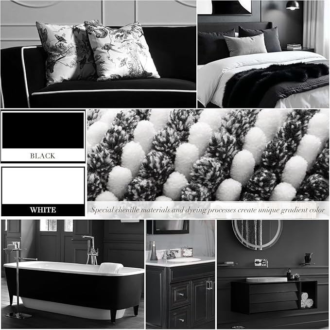 BSICPRO Bathroom Rugs and Mats Sets, 2 Piece Thick Absorbent Chenille Bath Mat Rug Set Non Slip, Soft Shaggy Bath Room Floor Mats for Bathroom, Machine Washable (20" x 47" Plus 16" x 24", Black)