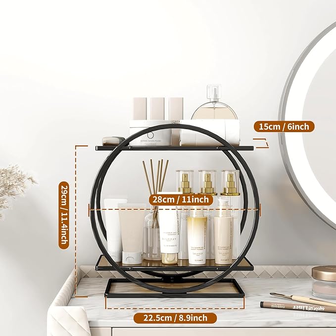YIWANFW Perfume Organizer for Dresser, Black Bathroom Counter Organizer, 2 Tier Vanity Makeup Organizer, Bathroom Organizer and Storage for Skincare Cosmetic Perfume Display Stand for Bedroom Decor